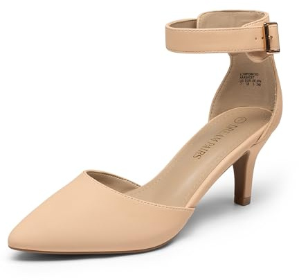 DREAM PAIRS Womens Court Shoes Pointed Toe Low Kitten Heel Ladies Pumps Ankle Strap Dress Sandals,Size 6,Nude/Nubuck,LOWPOINTED