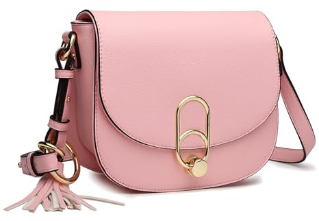 Miss Lulu Women Cross Body Bag Fashion Tassel Decoration Zipper Handbags Flap with Lock Closure Shoulder Bag (Pink)