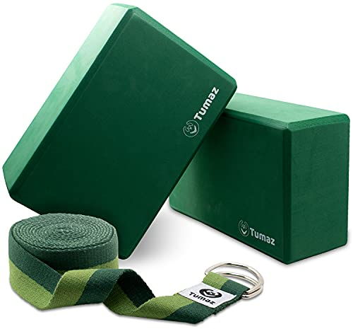 Tumaz Yoga Blocks Set of 2 with Premium Yoga Strap, High Density Bricks to Improve Spine Flexibility for Yoga & Pilates, [Light Weight, Anti-slip Surface, Extra-Durable] with Instruction E-Book