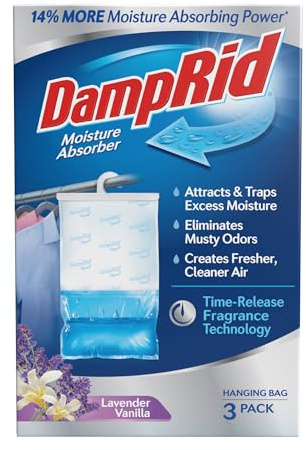 DampRid Lavender Vanilla Hanging Moisture Absorber, 16 oz., 3 Pack - Eliminates Musty Odors for Fresher, Cleaner Air, Ideal Moisture Absorbers for Closet, Blue, Small