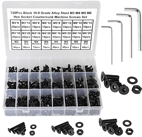 FandWay M3 M4 M5 M6 Schrauben Set,720 Stück Senkkopfschrauben Innensechskant Gewindeschrauben,Sechskantschrauben Flachkopfschrauben Schwarz Maschinenschrauben Muttern und Unterlegscheiben Sortiment.