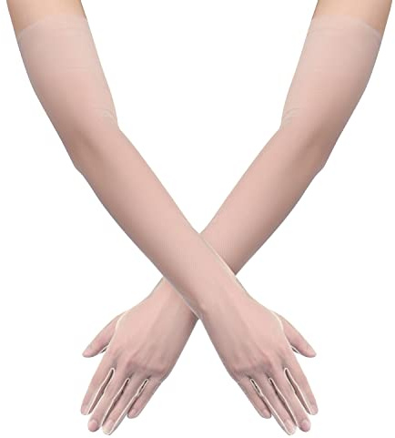 Långa Handskar för Kvinnor, Stretchig Armbågslängd 70cm genomskinliga långa tyll handskar näthandskar för kostym Halloween Cosplay Opera Bröllop Bröllopsdusch Bal (Champagne)