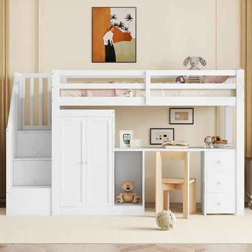 Idemon Cama alta de 90×200 cm con armario y escritorio (blanco, sin colchón), cama multifuncional con escalera de almacenamiento, 3 cajones y somier – Diseño que ahorra espacio para habitaciones