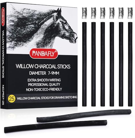 PANDAFLY Lot de 25 bâtons de charbon de bois de saule, doux, noir pour artistes, débutants, étudiants, idéal pour les croquis, le dessin, l'ombrage et les beaux-arts, 7-9 mm