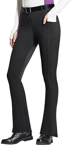 FitsT4 Sports Damen Reithose Bootcut Reitleggings Silikon Vollbesatz Schlaghose Reithose mit Handytasche und Gürtelschlaufen für Reitsport Pferdetraining Reitturnier,Schwarz,S