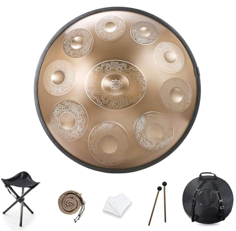 Handpan Drum 9/10/12 Note Tamburo Handpan da 22 pollici 432HZ/440HZ Re minore, percussioni armoniche for la guarigione del suono, meditazione personale, yoga (Oro)(Size:10 Notes(432HZ))