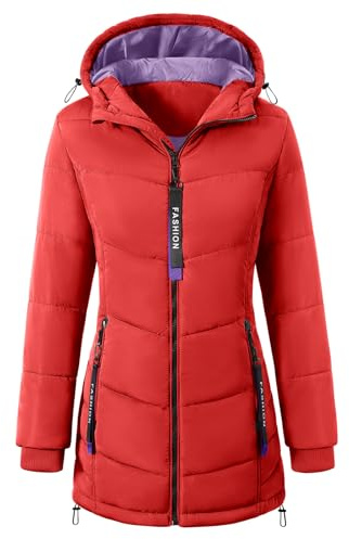 CMTOP Cappotto Donna Invernale Caldo Cappotto con Cappuccio Spessa Giacca Trapuntata Lungo Autunno Invernali Giubbotto Casual Giacca Parka Trapuntata con Zip e Tasche(Rosso, L)