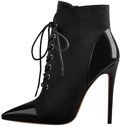 blingqueen Damen Spitze Stiefeletten Kurzschaft Stiefel Ankle Boots mit Stiletto Absatz Lack-, Veloursoptik Schwarz 44 EU