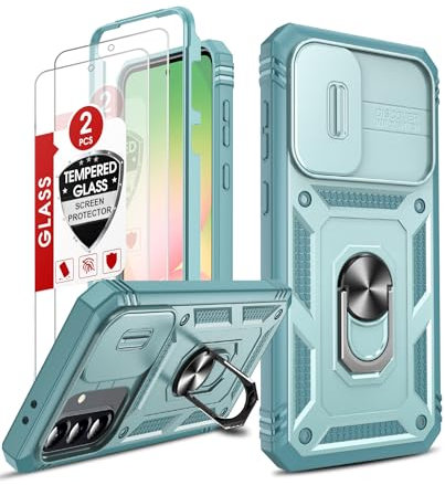 LeYi for Samsung Galaxy A56 5G Case with Camera Cover Slider, 360 Full Body Tough Armor Phone Cover Hard Heavy Duty Protective | 2 Tempered Glass Screen Protector | Ring Stand Holder for A 56, Green