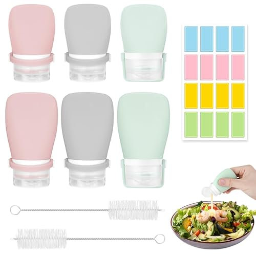 DIBALIYI 6 Pcs Salat-Dressing-Flaschen, Auslaufsicher Tragbar Salatdressing Shaker Behälter Quetschflasche mit 2 Reinigungsbürsten, Mini Gewürzflaschen für Salat Sauce Reisebrillen, Schulessen