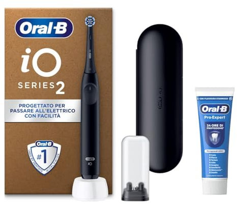 Oral-B Spazzolino Elettrico Ricaricabile iO 2, 1 Spazzolino Elettrico, 1 Testina Di Ricambio, Custodia Da Viaggio, Supporto per testine + 1 Dentifricio Oral-B Pro, Pulizia Denti, Nero