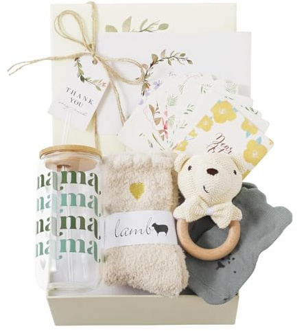 WOODEN TEETHER 7-delat presentset för mamma och baby, babygåva, flicka, pojke med mammakort, babyskallra, sugrörsbägare, strumpor, gratulationskort, nyfödd present till babyparty (björn, liten)
