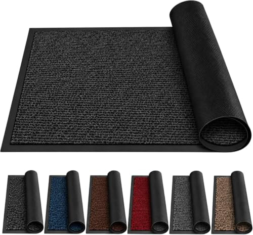 LENAK Door Mats - Entrance Mat Barrier Hallway Runner Kitchen Rug, Non-Slip Dirt Trapper Rubber Back Washable Floor Mat, Dust Grabbing Indoor Outdoor Doormats (Anthracite, 90x300cm)