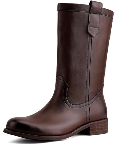 Women's Mid Calf Riding Boots, Round Toe Chunky Heel Pull-On Boots