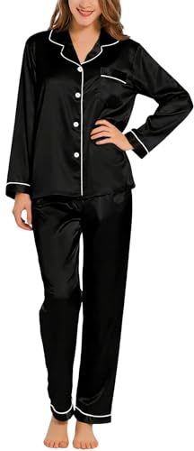 LXEASYGO Womens Pyjama Set Imitation Silk Satin Long Sleeve Long Pant Two Piece Pjs Set Comfy Button Down Sleepwear Loungewear (UK, Alpha, L, Regular, Regular, Black)