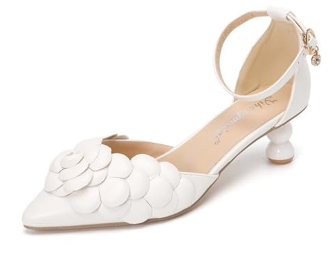 Generico Donna Cinturino alla Caviglia Scarpe da Vestito da Sposa con Fibbia Punta Appuntita Scarpe da Sposa con Fiore Tacco Medio Décolleté da Ballo per Feste,Bianca,41.5 EU