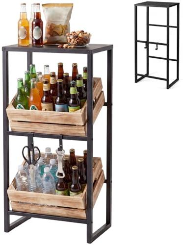 COSTWAY 3-Tier Drink Crate Rack, Metal Bottle Storage Shelf with 3 Adjustable Angles & 2 Hooks for Water Fruit Vegetable Box, Bottle Crate Stand for Kitchen Bar Shop, 170kg Load (47 x 32 x 102cm)