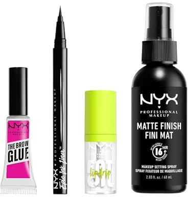 NYX Professional Makeup, Coffret Spray Fixateur Mat + Eyeliner Epic Ink Liner, Black (01) + Colle Fixatrice à Sourcils The Brow Glue, Transparent (01) + Huile à Lèvres Fat Oil Lip Drip, My Main (01)