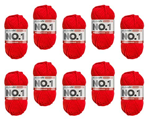myboshi No.1 Wolle zum Häkeln und Stricken, Schnellstrickgarn, langlebige Mützenwolle, Strickwolle, Häkelwolle, mulesing-frei, 50g, Ll 55m Rot (Signalrot), 10 Knäuel