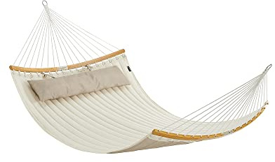 SONGMICS Amaca Doppia Imbottita, Amaca da Campeggio Giardino con Barre Curve in Bambù Separabili, con Cuscino, 200 x 140 cm, Max Portata 225 kg, Crema e Beige GDC34BE