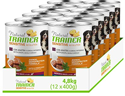 Natural Trainer Sensitive No Gluten Medium - Maxi - Cibo Umido per Cani con Anatra e Cerali Integrali 12 x 400 g