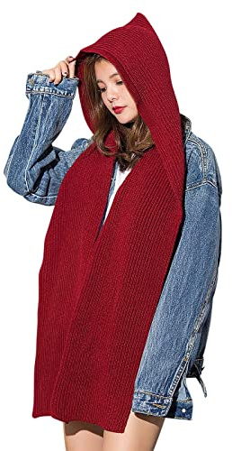ITODA Sciarpa con cappuccio lavorata a maglia invernale calda sciarpa scaldacollo con cappuccio cappello da donna lavorato a maglia, Rosso, Taglia unica