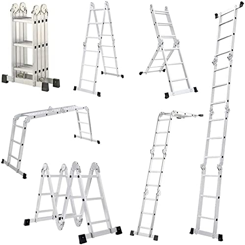 UISEBRT Escalera multiusos de aluminio 4 x 3 con plataforma 6 en 1 escalera multifunción 340 cm escalera plegable escalera articulada de aluminio escalera combinada de hasta 150 kg color plateado