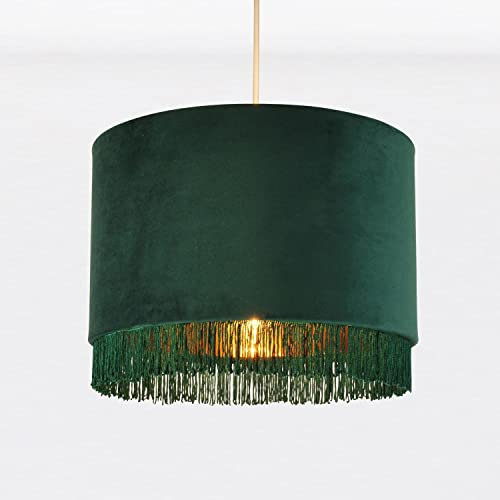firstchoicelighting Green Velvet Easy Fit Ceiling Light Shade, 30cm Pendant Shade with Tassel Detail, Gold Inner
