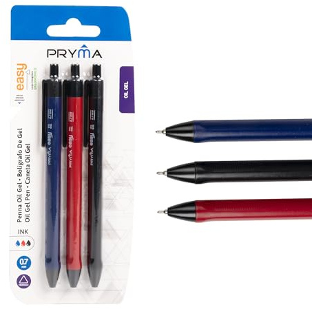 Pryma Penna Oil Gel Easy 0.7mm – Set 3 Pezzi (Rosso, Blu, Nero) | Scrittura Fluida e Confortevole per Scuola e Ufficio