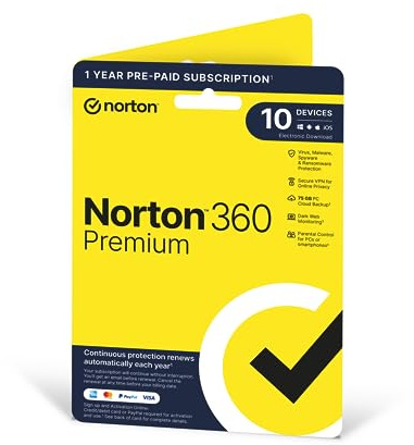 Norton 360 Premium 2023, Antivirus software for 10 Devices and 1-year subscription with automatic renewal, Includes Secure VPN and Password Manager, PC/Mac/iOS/Android, Activation Code by Post