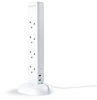 Status Tower Multi Plug Extension 8 Socket Extension Cable 13A Surge Protected with Neon Indicator White 2m Extension Lead S8W2MTUSBSSP4