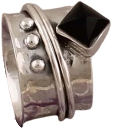 Anello girevole in argento sterling 925 con quadrato Lucifero in onice nero per donna e uomo, anello da regalo per meditazione nuziale (misura USA 7)