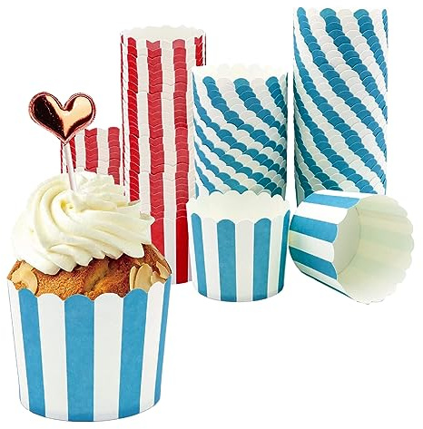 Muffin Pappersformar, 100 stycken, röda och blå cupcakewrapper, muffinsformar papper, för halloween, födelsedagar, bröllop, fester (ränder)