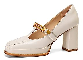 TinaCus Genuine Leather Square Toe Handmade T-Strap Chain High Block Heels Women's Stylish Pumps Shoes, Beige, 5 UK