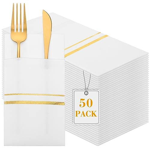 50-pack middagsservetter engångslinne känsla middagsservetter med inbyggd bestickficka guld trim fodrad förvikta servetter tyg som pappersservetter för bröllop middag fest (vit, guld)