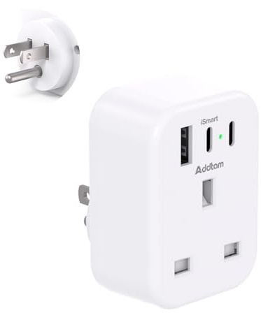 UK to US Plug Adaptor, USA Travel Adapter with 1 USB & 2 USB C Ports | For American Canada Thailand Mexico Colombia Grounded Charger, 4 in 1 Plug Adapter from UK to USA for Phone Computer (Type B)