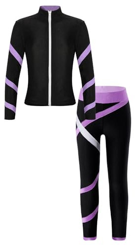 HULIJA Mädchen Sport Kleidung Set Langarm Eiskunstklauf Jacke mit Reißverschluss + Eislaufhose Eiskunstlauf Anzug Trainingsanzug Gymnastik A Helles Lila 122-128