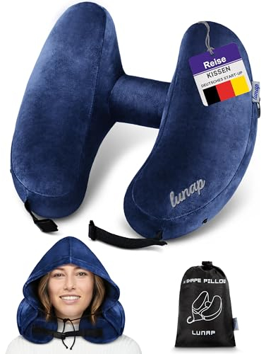 Nackenkissen Flugzeug Aufblasbar mit Kapuze | Reisekissen Aufblasbar in H-Form | Nackenhörnchen Erwachsene Gr. L | Nackenkissen Aufblasbar mit 3 Zügen | Reisekissen Flugzeug Kissen Blau