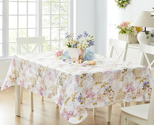 Newbridge Avery Garden Blooms and Buds Vinyl Square Tablecloth, Hydrangea Pink Floral 52 x 52 Inch Flannel Backed Table Cloth for Holiday Dining Parties