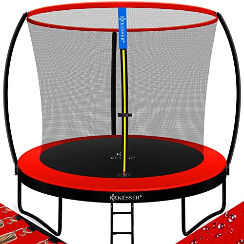 KESSER® Trampolin Ø 244 cm | TÜV Rheinland GS Zertifiziert | Gartentrampolin für Kinder bis 150 kg | Komplettset mit Sicherheitsnetz, Leiter, Randabdeckung, Seitentasche und Zubehör