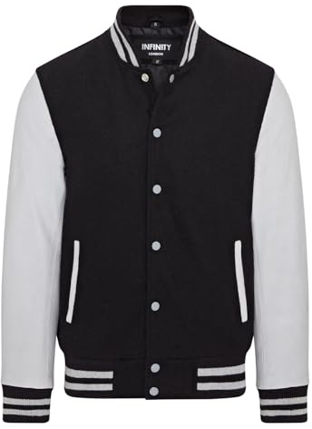 Infinity Leather Giubbotto bomber universitario in pelle grigia e lana nera da baseball Letterman