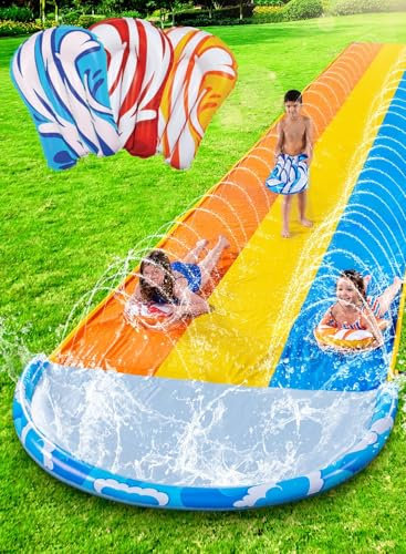 Sloosh 22.5ft x 84in/685.8 * 213.3cm Waves Triple Lawn Water Slide,Heavy Duty Lawn Water s with 3 Body Boards and Slip Sprinkler for Kids Adults Backyard Summer Outdoor