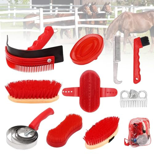 Pferdebürsten, 10PCS Pferdepflegeset Brush Pflegeset Pferd Pflege Kit Pferdereinigungs Reitsportbürste Pferdezubehör Pferdebürsten Massagebürsten Putzzeug Für Pferde Mit Aufbewahrungstasche