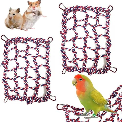 CQJ 2 st råtta klättringsrep för bur råttbur tillbehör fågelrep råtta leksaker för husdjur 32 x 25 cm hängmatta hamster bomullsrep bro fågelstege med 4 silverkrokar (röd)