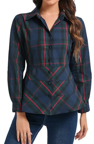 Ladyful Women's Button Down Plaid Shirt Lightweight Peplum Tops Long Sleeve Checked Tiered Work Blouse