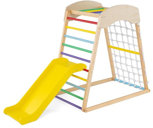 HOMASIS 6 in 1 Struttura di Arrampicata, Triangolo da Arrampicata con Scivolo, Barra per Trazioni e Rete per Arrampicata, Parco Educativo per bambini per Interni, 1+ Anno, 105 x 67 x 112 cm (Colorato)