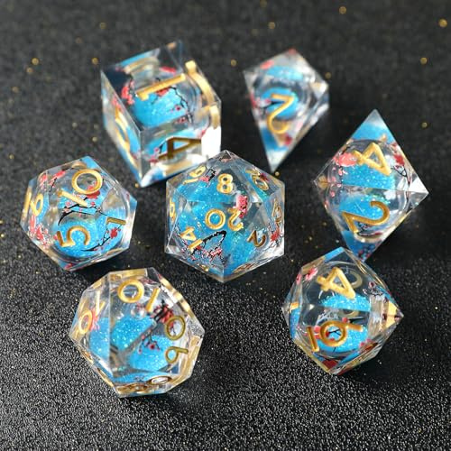 Dés DND Lot de 7 Noyau Liquide, Sables Mouvants Dés Polyédriques à Bords Tranchants Résine pour Donjons et Dragons, Dés D&D RPG D20 D12 D10 D8 D6 D4 Faits à la Main pour Jeux de Rôle