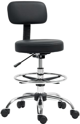 HOMCOM Drafting Chair, Office Chair with Backrest and Adjustable Footrest, Height Adjustable Stool, Leather Padded Rolling Task Chair for Home Office, Black