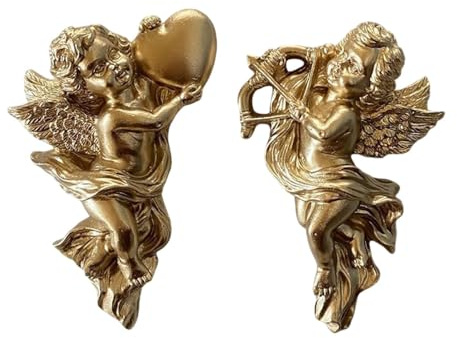 2Pcs Gold Resin Winged Angel Wall Sculptures Wall Hanging Adornment Cherub Cupid 5.3 inch Tall Adorable Angelic Figure Angel Figurines Crafts Vintage Ornament for Wedding Decor