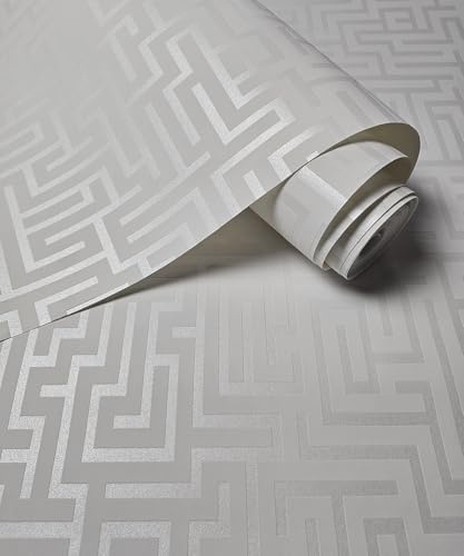 AMINAH DECO Matte Textured Greek Key Wallpaper Art 3D White Maze Matte Non Woven Wall Paper Roll 20.8 x 32.80 ft (57.0 sq. ft)